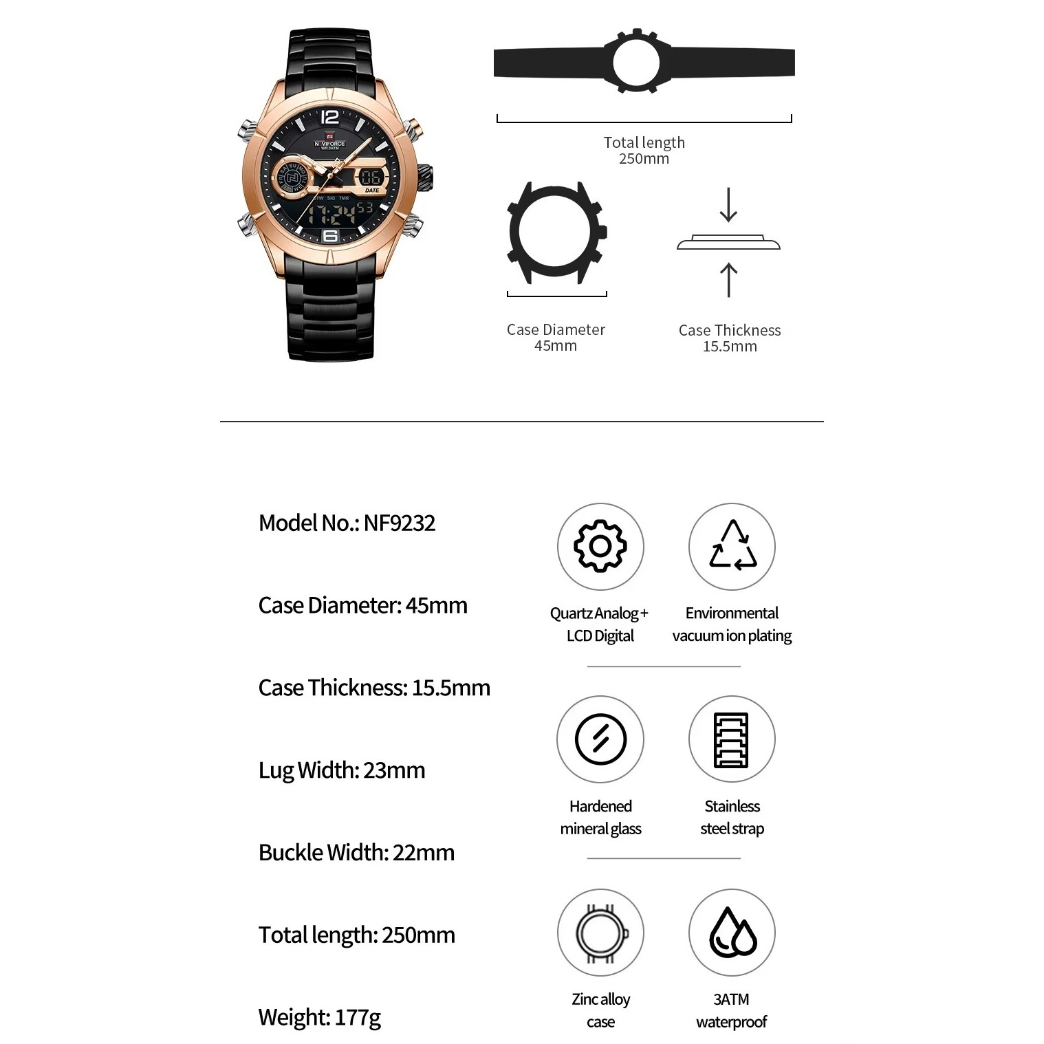 ساعت مچی عقربه‌ای کوارتز مردانه نیوی فورس مدل 9232RGBB